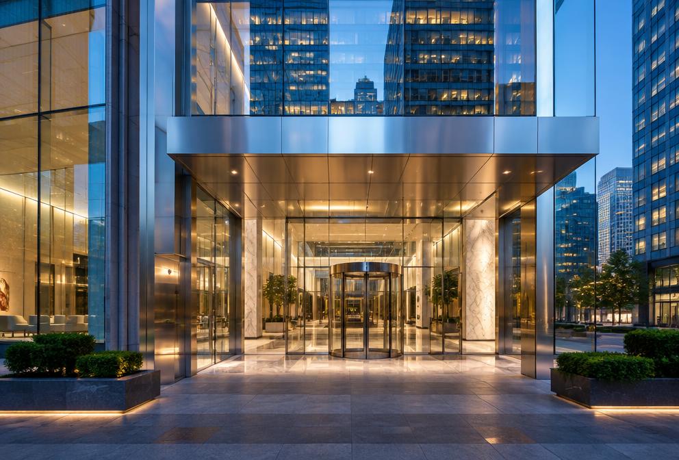 Glass office building entrance in a metropolitan business district