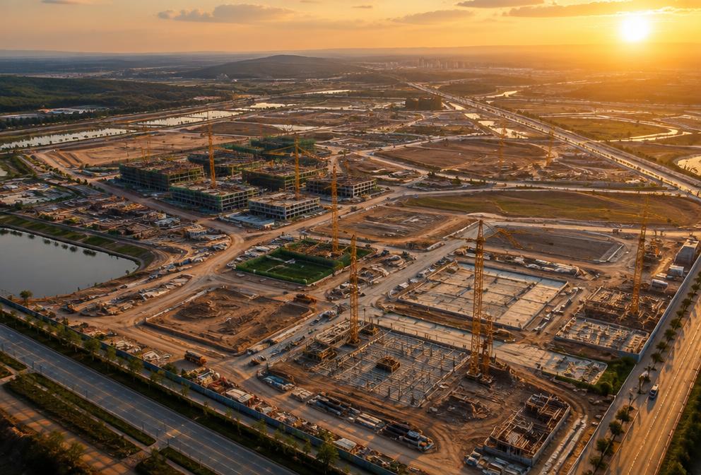 Aerial view of a large master-planned development under construction at sunset