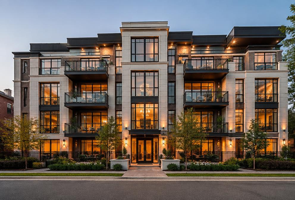 Modern luxury residential building facade at dusk